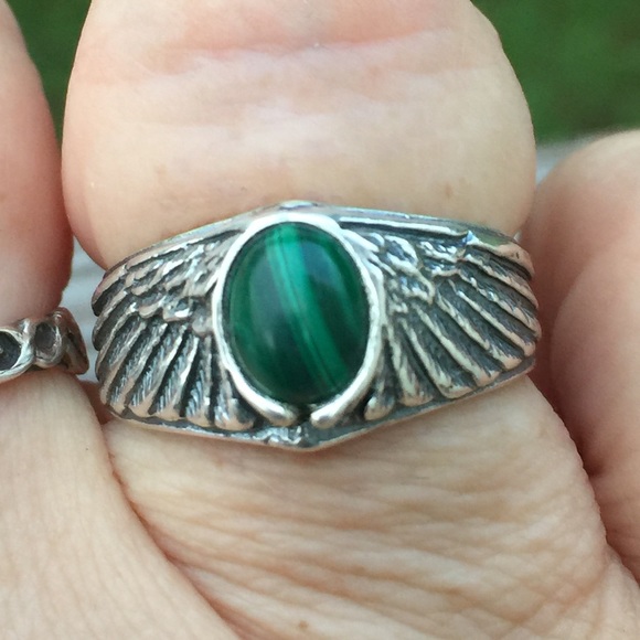 Medium Eagle Wing Ring .925 Sterling Silver w/ genuine Malachite gem USA - Picture 5 of 8
